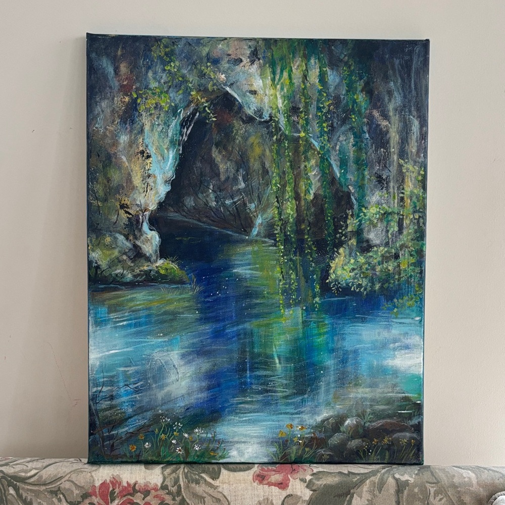 Serene Cave Painting with Blue and Green Hues